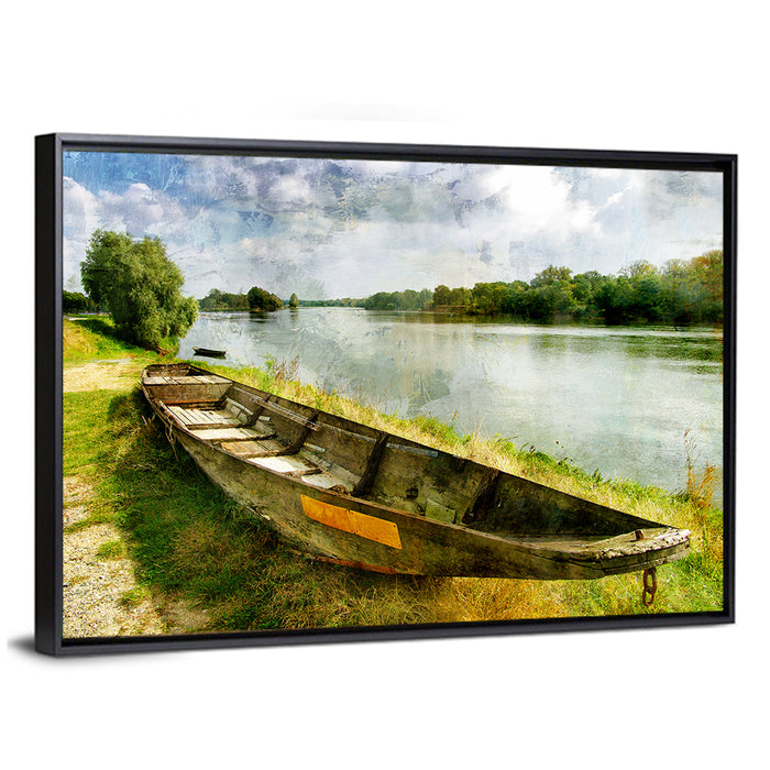 Weathered Wooden Boat on Riverbank Wall Art as a framed canvas