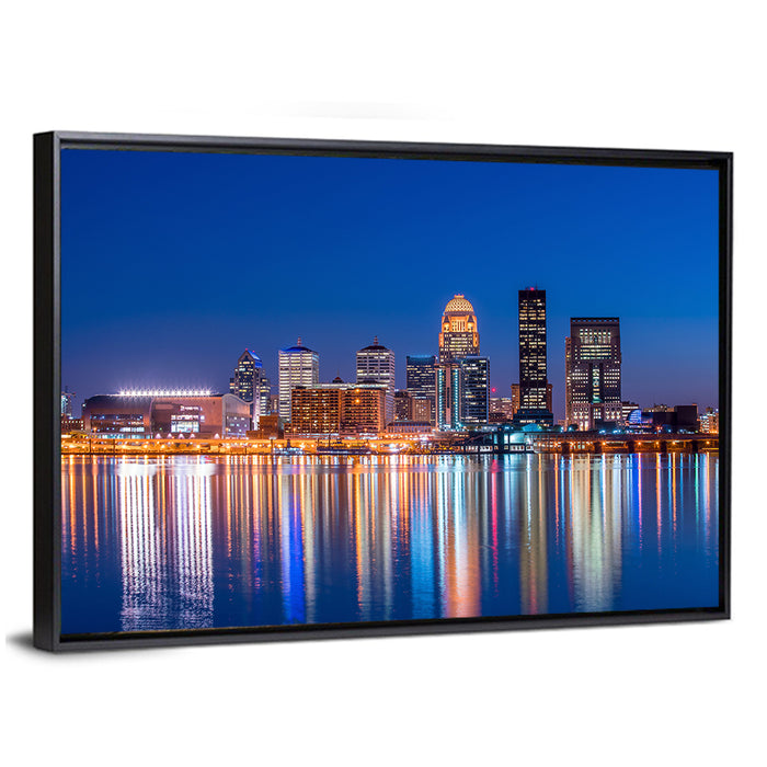 Downtown Louisville Skyline at Night Wall Art as a framed canvas