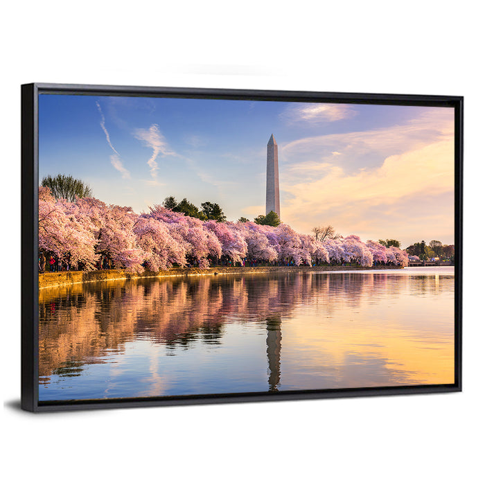 Washington Monument at Tidal Basin Wall Art as a framed canvas