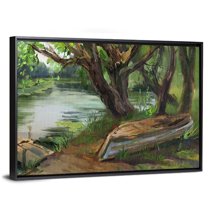 Overturned Boat on Quiet River Wall Art as a framed canvas