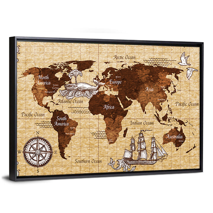 Vintage Nautical World Map Wall Art