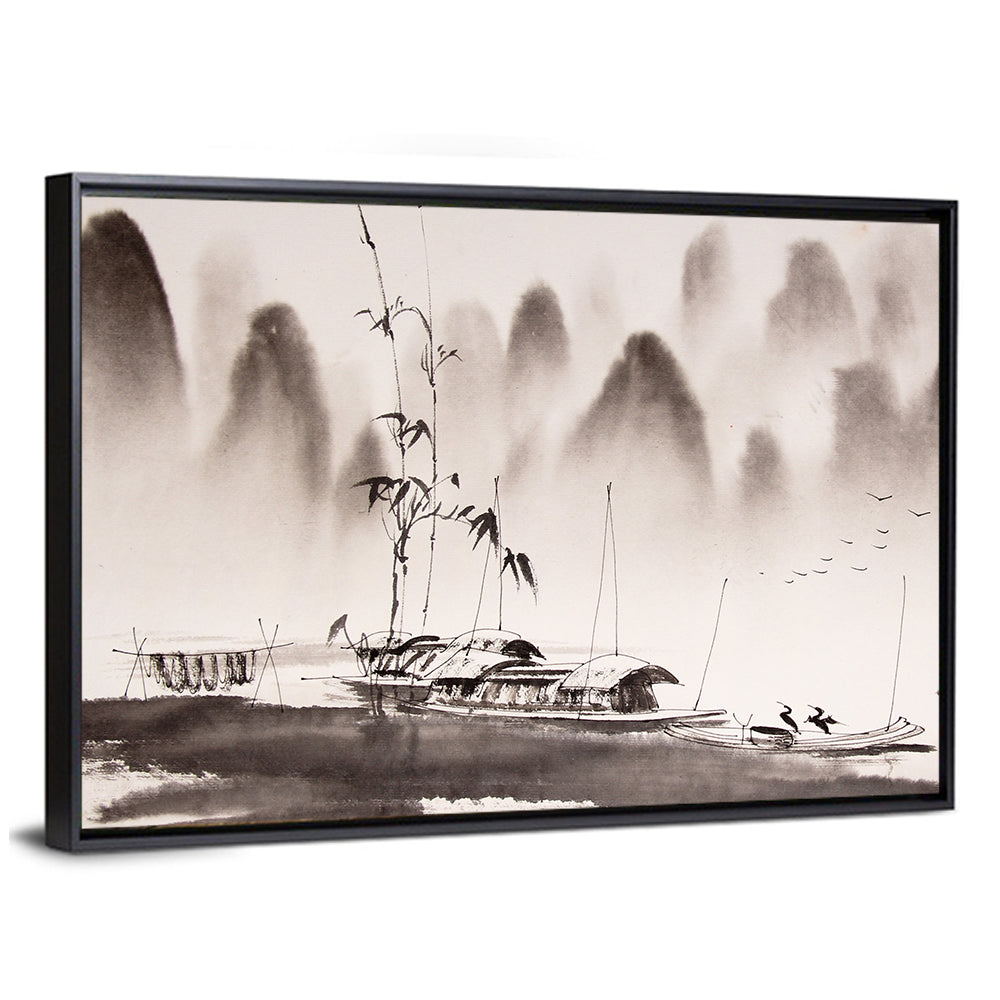 Misty Ink Wash Fishing Boats Wall Art