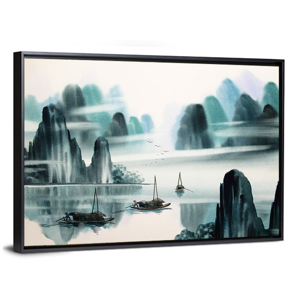 Misty Mountain Lake with Boats Wall Art