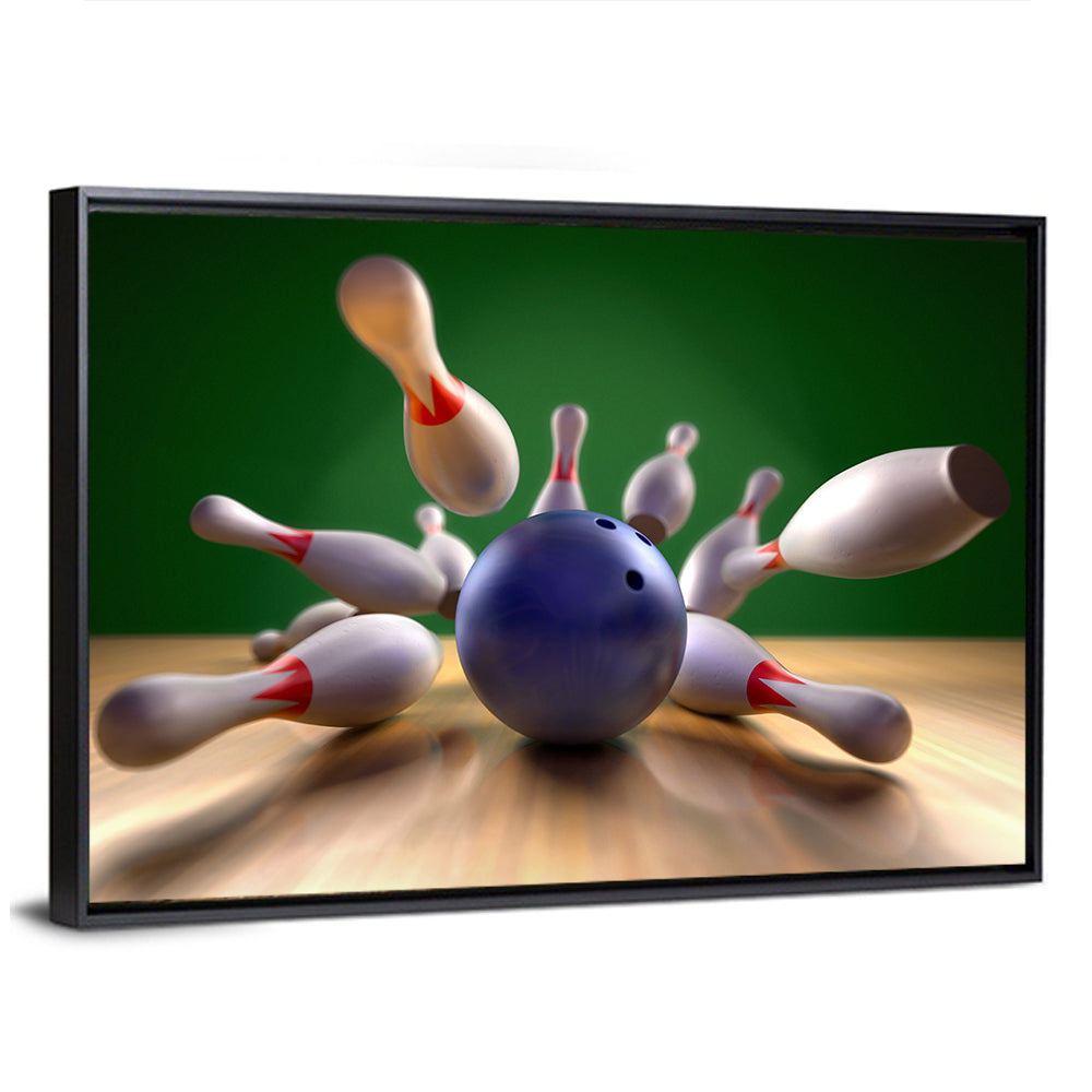 Blue Bowling Ball Hitting Pins Wall Art