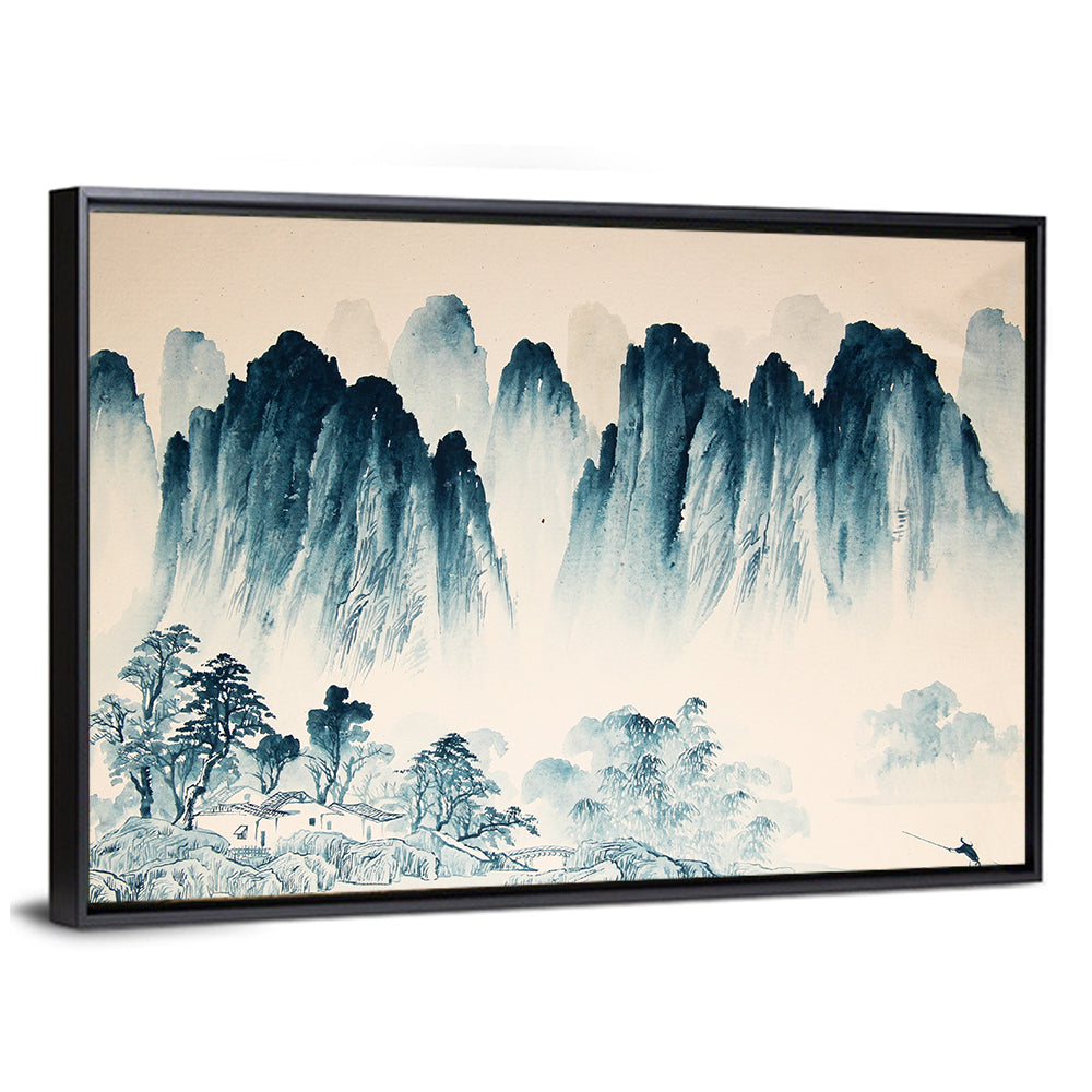 Misty Mountain with Fisherman Wall Art