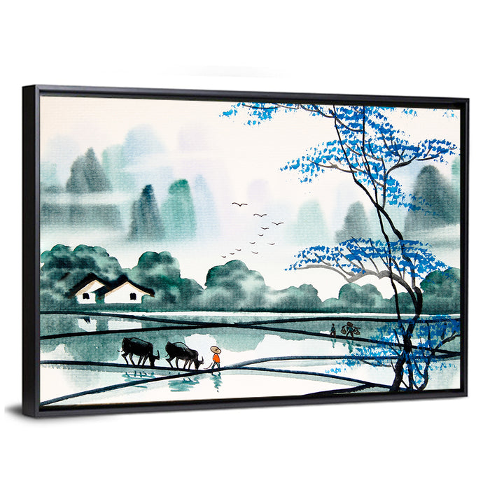 Blue Tree Over Rice Paddies Wall Art as a framed canvas