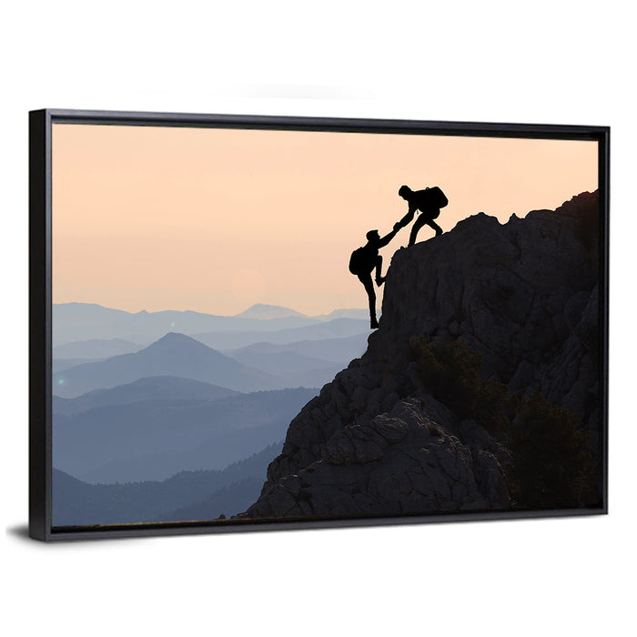 Sunset Mountaineering Silhouette Wall Art as a framed canvas