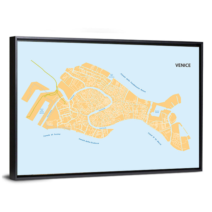 Venice Canal Map, Light Blue and Orange Wall Art as a framed canvas