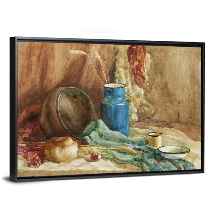 Blue Milk Can Watercolor Still Life Wall Art as a framed canvas