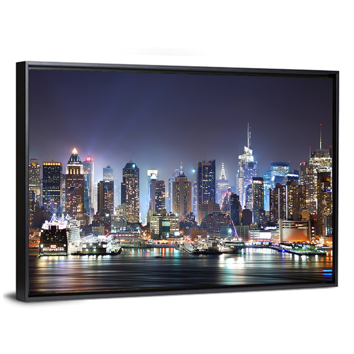 Manhattan Night Skyline Wall Art as a framed canvas