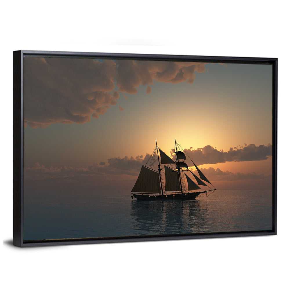 Sunset On Sea With Schooner Ship Wall Art