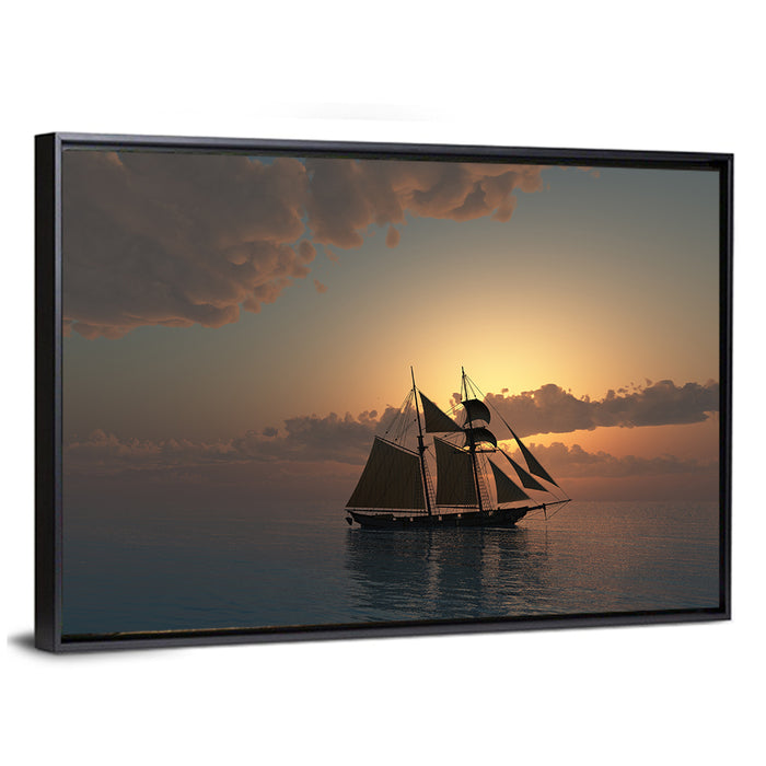 Golden Schooner at Sunset Wall Art as a framed canvas
