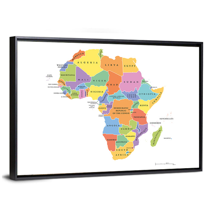 Colorful Africa Political Map Wall Art as a framed canvas