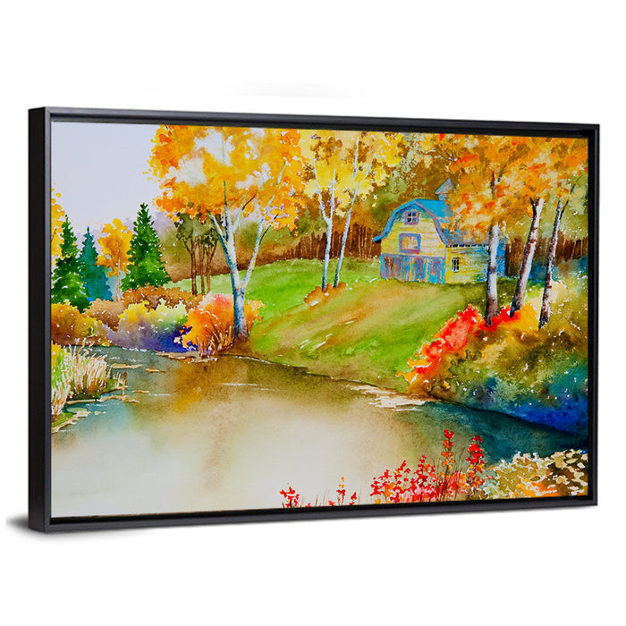 Golden Autumn Pond Landscape Wall Art as a framed canvas