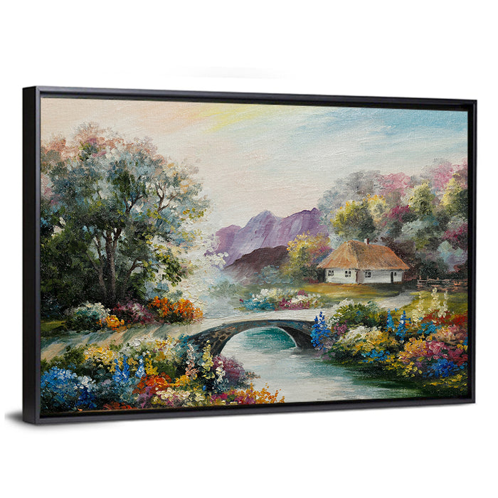 Thatched Cottage with Stone Bridge Wall Art as a framed canvas