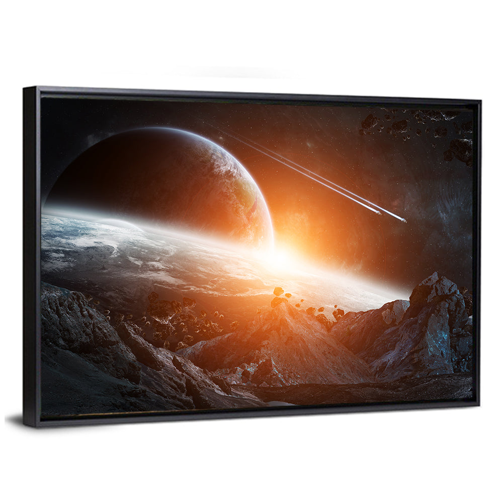 Gigantic Asteroids Over Ringed Planet Wall Art