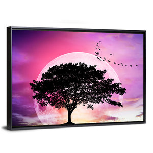 Tree Under Fantasy Sky With Moon Wall Art