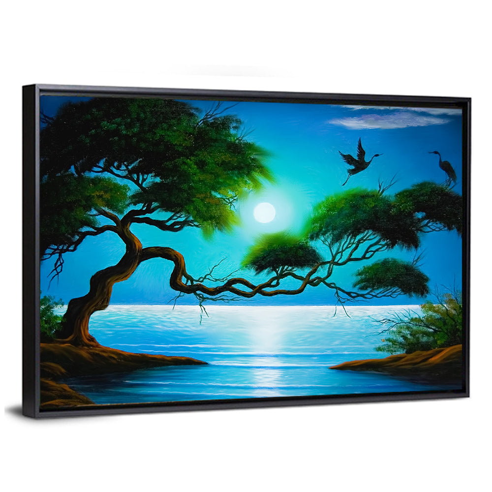 Moonlit Coastal Tree with Storks Wall Art