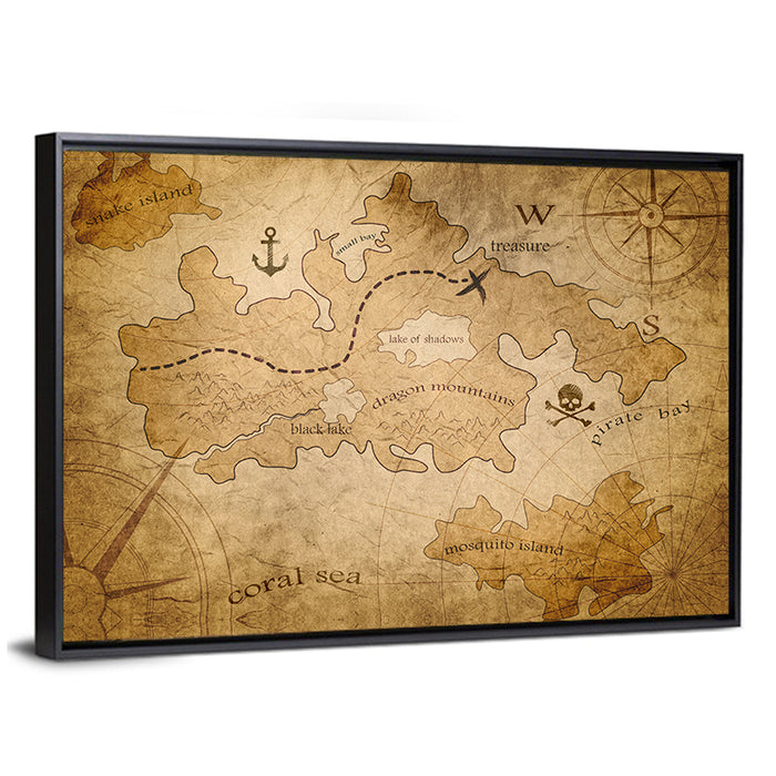 Vintage Pirate Treasure Map Wall Art as a framed canvas
