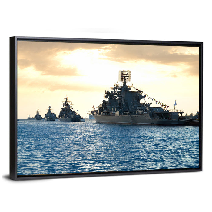 Naval Fleet at Golden Sunset Wall Art as a framed canvas