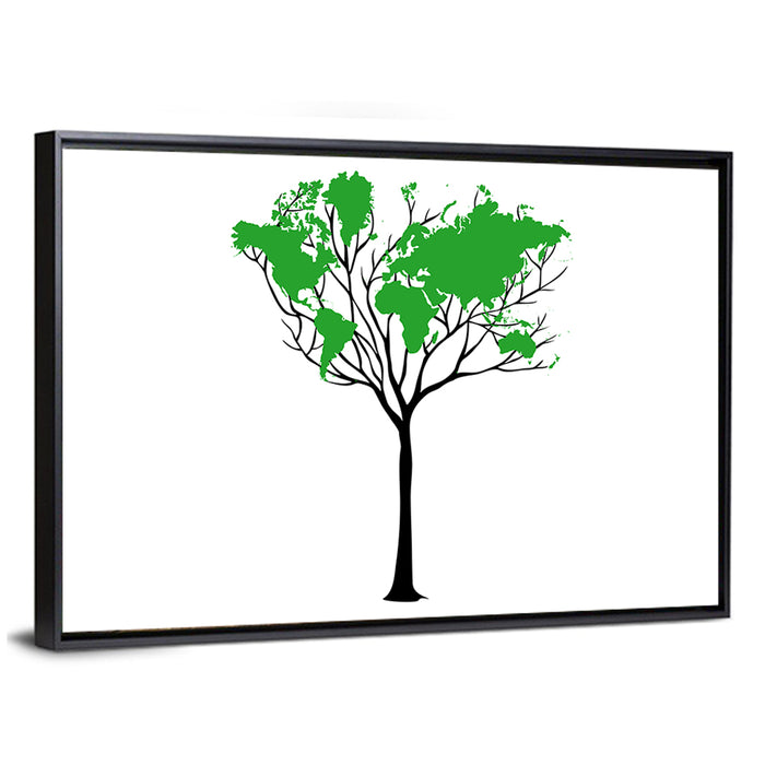 World Map Tree with Green Canopy Wall Art as a framed canvas