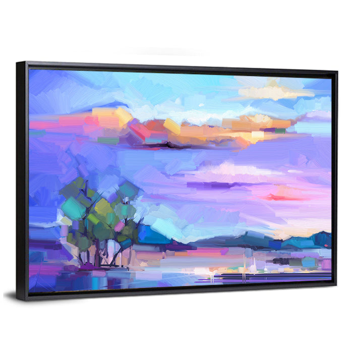 Dusk Lake Reflection Wall Art as a framed canvas