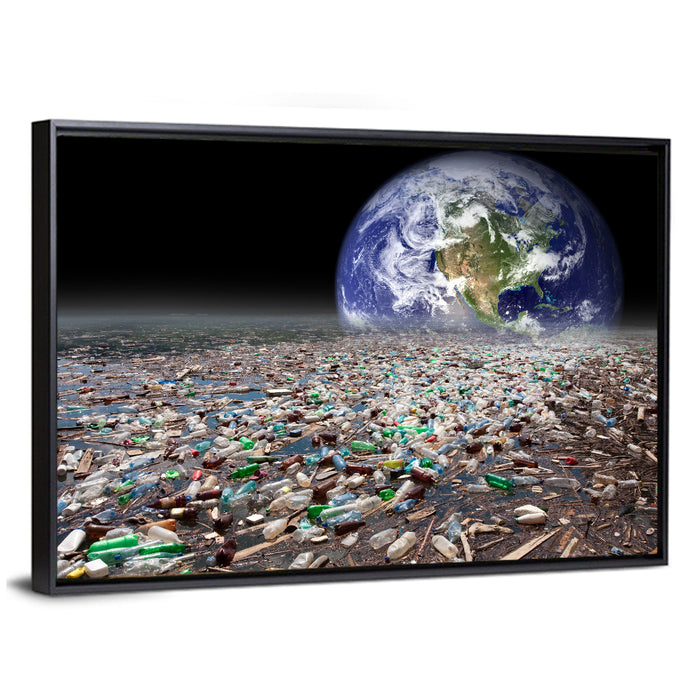 Earth Sinking Into Plastic Ocean Wall Art as a framed canvas