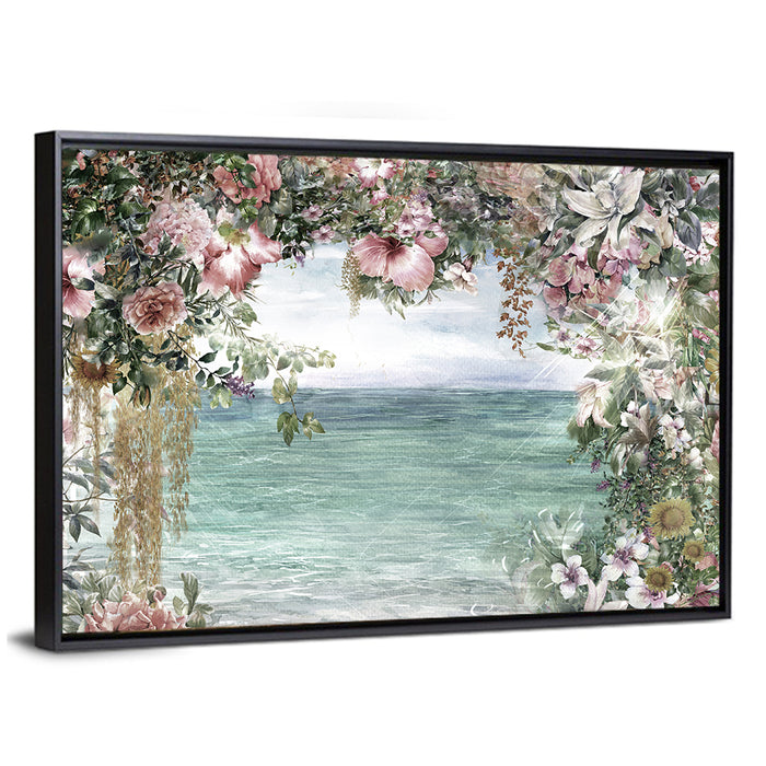 Coastal Floral Watercolor Seascape Wall Art as a framed canvas