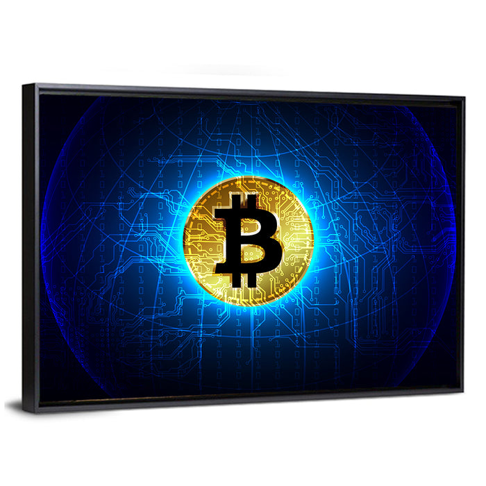 Golden Bitcoin Globe Wall Art as a framed canvas