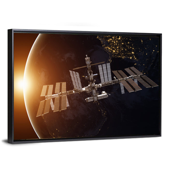 International Space Station at Sunrise Wall Art as a framed canvas