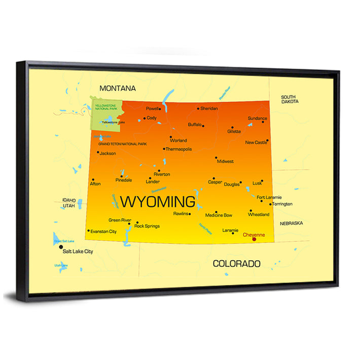 Wyoming Map in Yellow and Orange Wall Art as a framed canvas