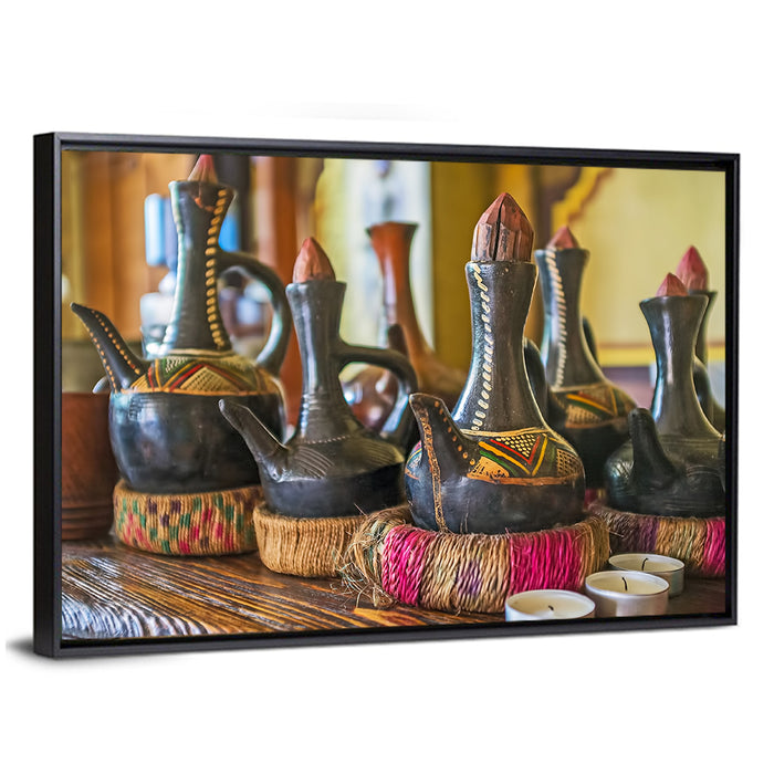 Clay Pots on African Cafe Counter Wall Art as a framed canvas
