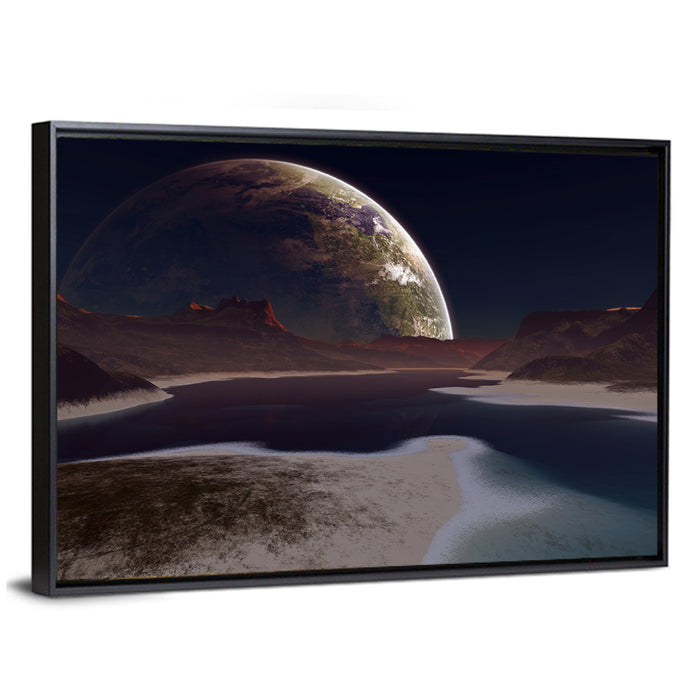 Alien Moonrise Over Lake Wall Art as a framed canvas