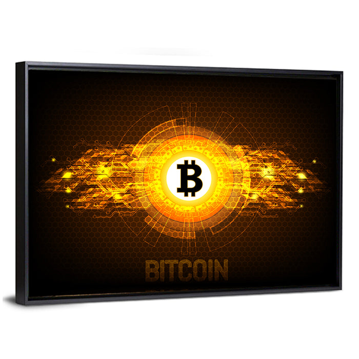 Futuristic Bitcoin Circuit Wall Art as a framed canvas