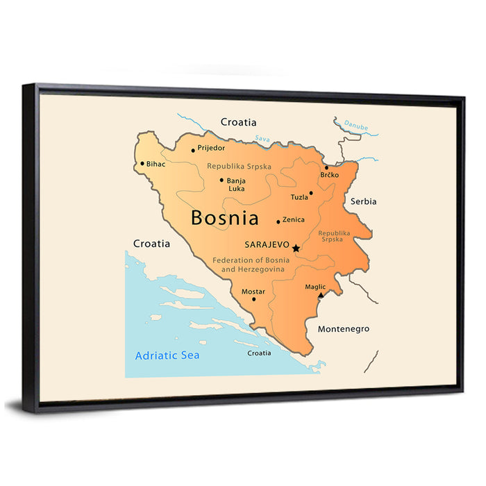Bosnia and Herzegovina Map Wall Art as a framed canvas