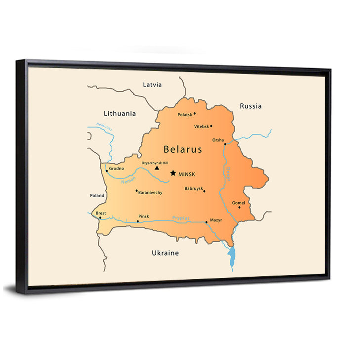 Belarus Cartographic Map Wall Art as a framed canvas