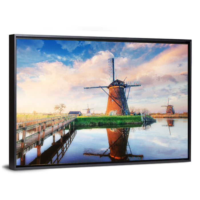 Kinderdijk Windmills at Golden Hour Wall Art as a framed canvas