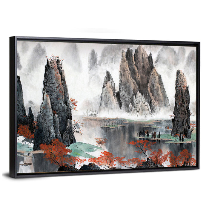 Autumn Mist Over Mountain Lake Wall Art as a framed canvas