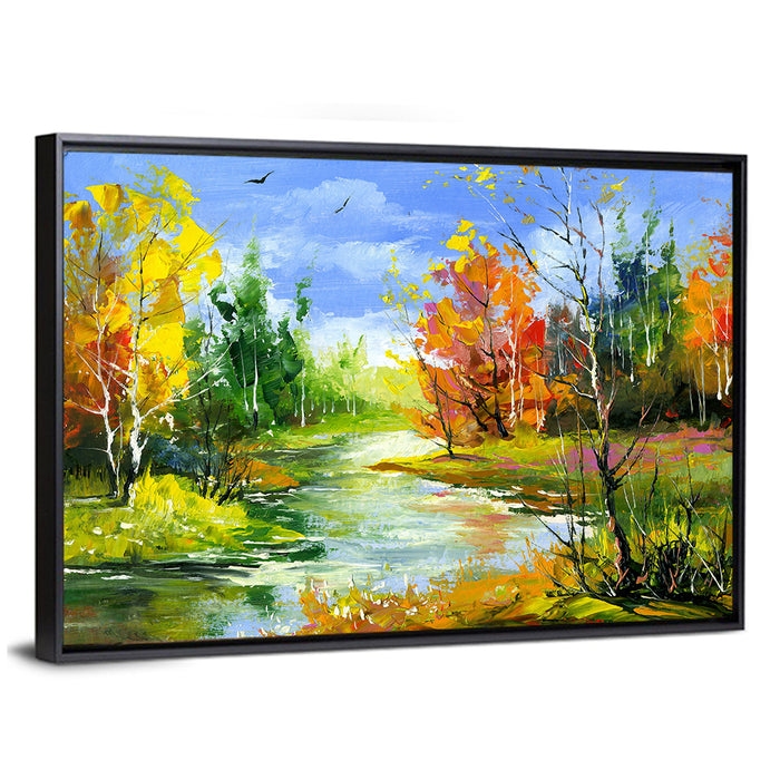 Winding Autumn Stream Wall Art as a framed canvas