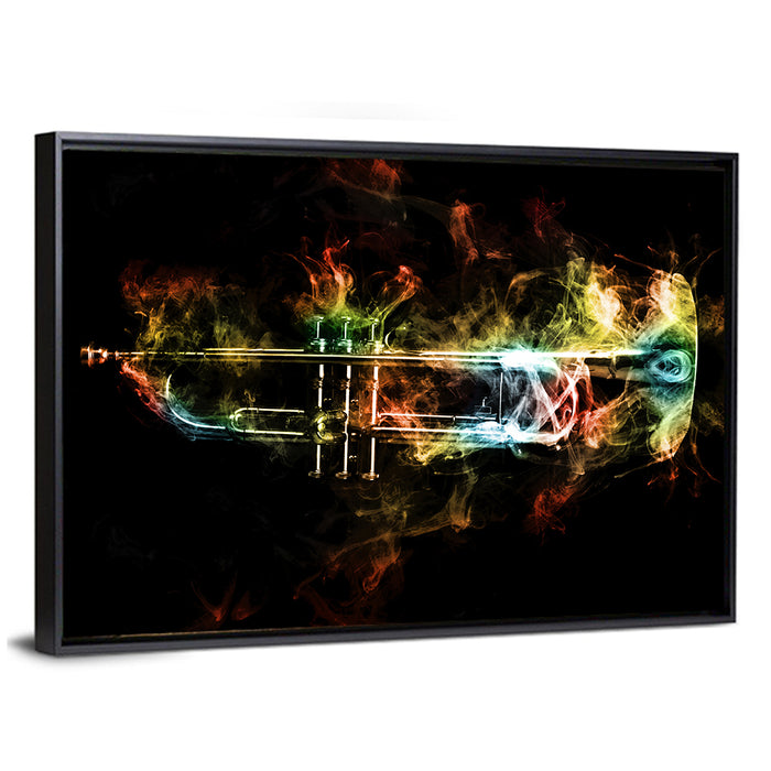 Brass Trumpet with Vibrant Smoke Wall Art as a framed canvas