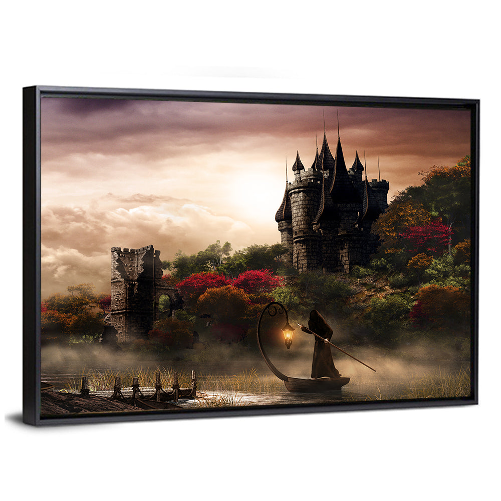 Castle Over Misty Lake at Dusk Wall Art