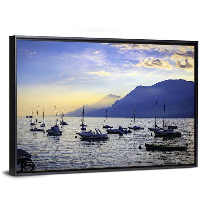 Lake Garda Harbor Sunset Wall Art as a framed canvas