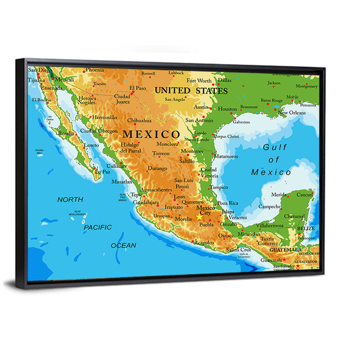 Mexico Relief Map Wall Art as a framed canvas