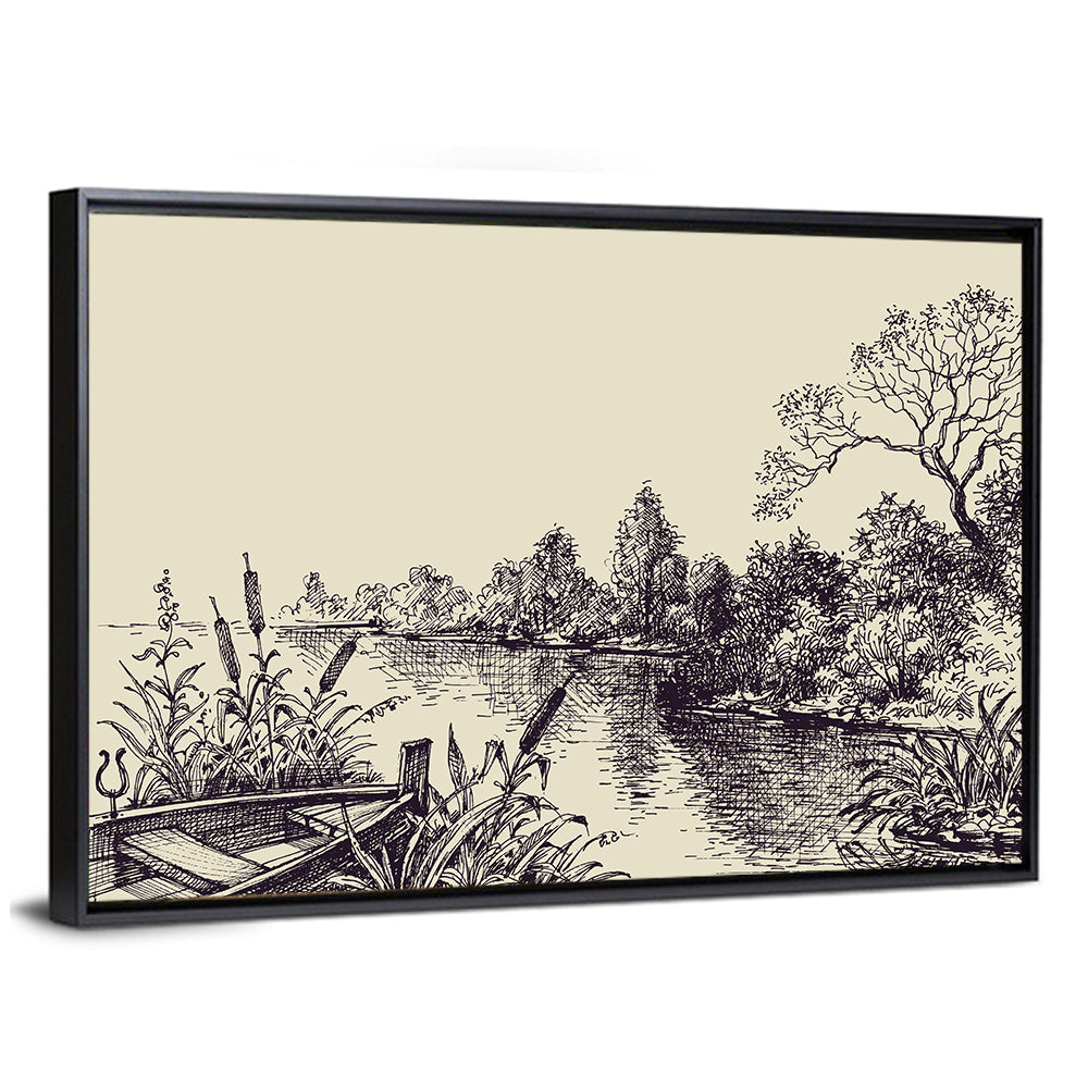 Ink Sketch Rowboat on Lake Wall Art