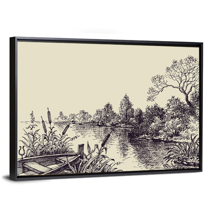 Ink Sketch Rowboat on Lake Wall Art as a framed canvas
