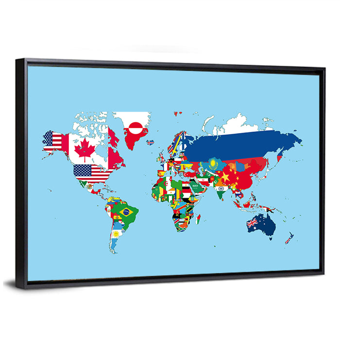 World Map with Flag Motifs Wall Art as a framed canvas