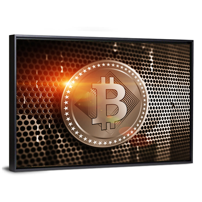 Golden Bitcoin Closeup Wall Art as a framed canvas