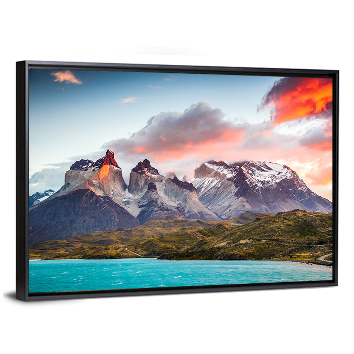 Torres Del Paine Sunset Wall Art as a framed canvas