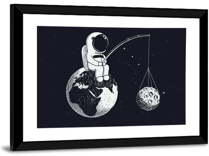 Little Astronaut Fishing the Moon Wall Art as a framed print