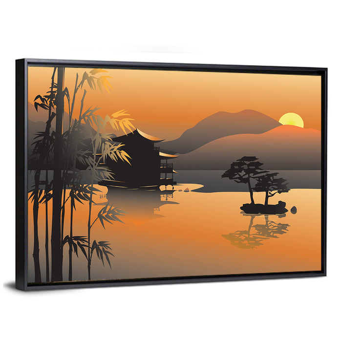 Sunset Over Asian Lake Illustration Wall Art as a framed canvas